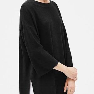 Eileen Fisher Organic Linen Crepe Knit Side Slit Tunic Sweater Black XS/XXS
